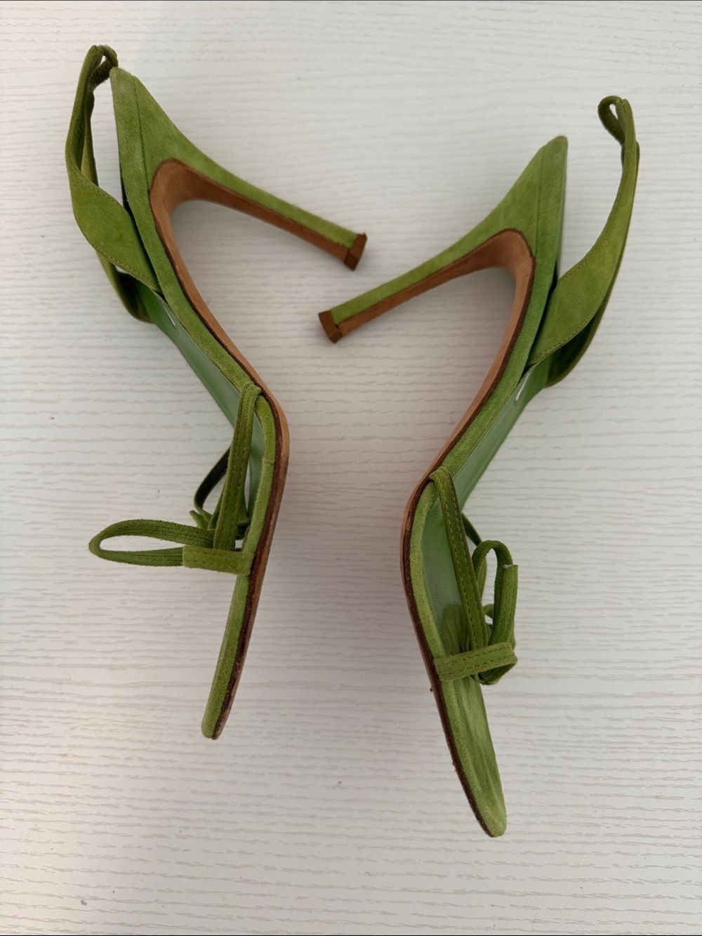 Manolo Blahnik Vintage EU 37 Lime Green Suede Bow Slingback Heels Open Toe Shoes - Picture 3 of 6